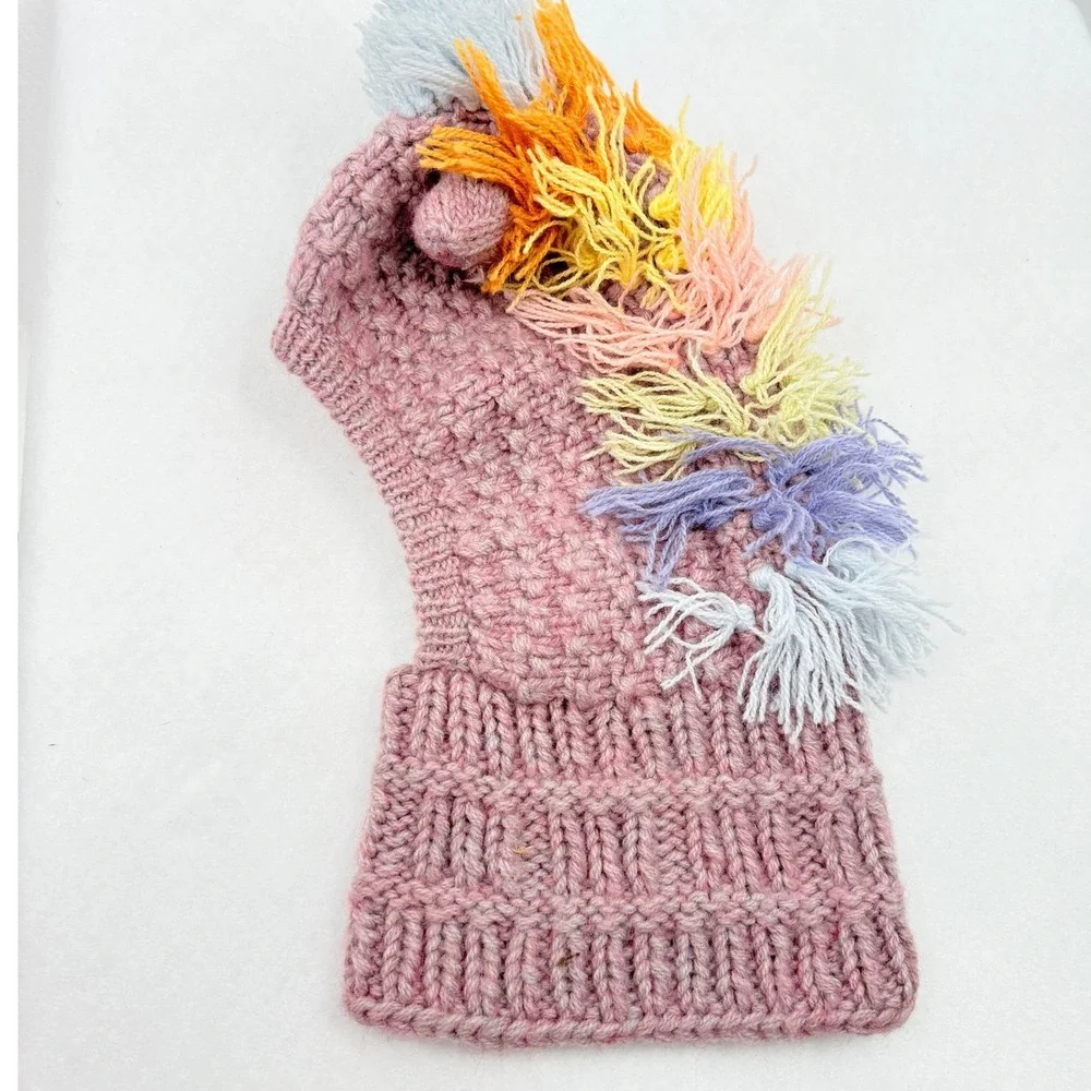 Unbranded Knit Unicorn Balaclava Kids OS Pink Rainbow Fringe Whimsical Kidcore